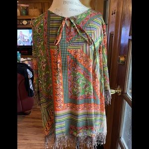 Sassybling printed tunic top with 3/4 sleeves with fringe, size 1XL